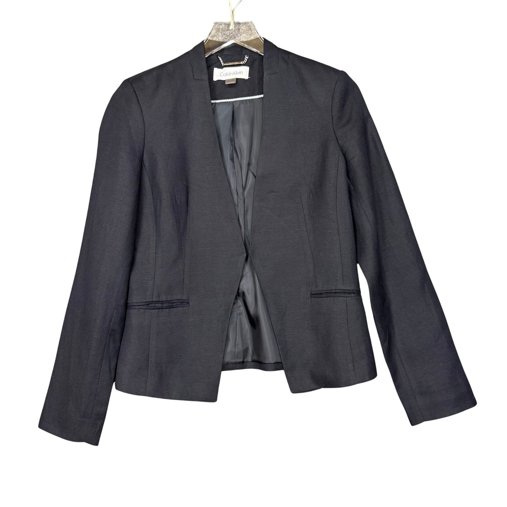 Calvin Klein Blazer‎ Women 4 Navy Open Front Linen Blend Professional Career